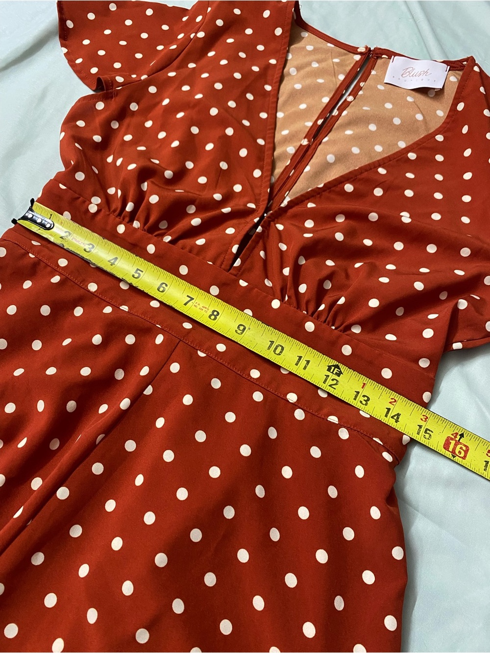 Blush Boutique Polka Dot Romper Rust Brown Ruffle Skort Inset Smocked V Neck LG - Picture 10 of 10